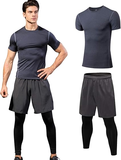Amazon Topyoメンズ スポーツウェア ランニングフィットネス コンプレッションウェアセット 長袖シャツ 半袖シャツ ハーフパンツ タイツ ジャージ上下セット 通販