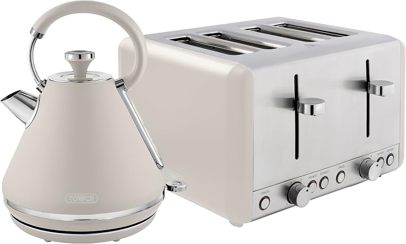 Tower Cavaletto Kitchen Set 1.7L Kettle & 4 Slice Toaster Latte Chrome