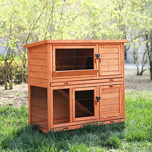 POTBY Wooden Rabbit Hutch Pet Cage Shelter House with Waterproof Roof