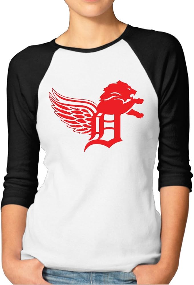 ElishaJ Women's Detroit Sports Logo Mixed 3/4 Raglan Sleeves Baseball T Shirt Black