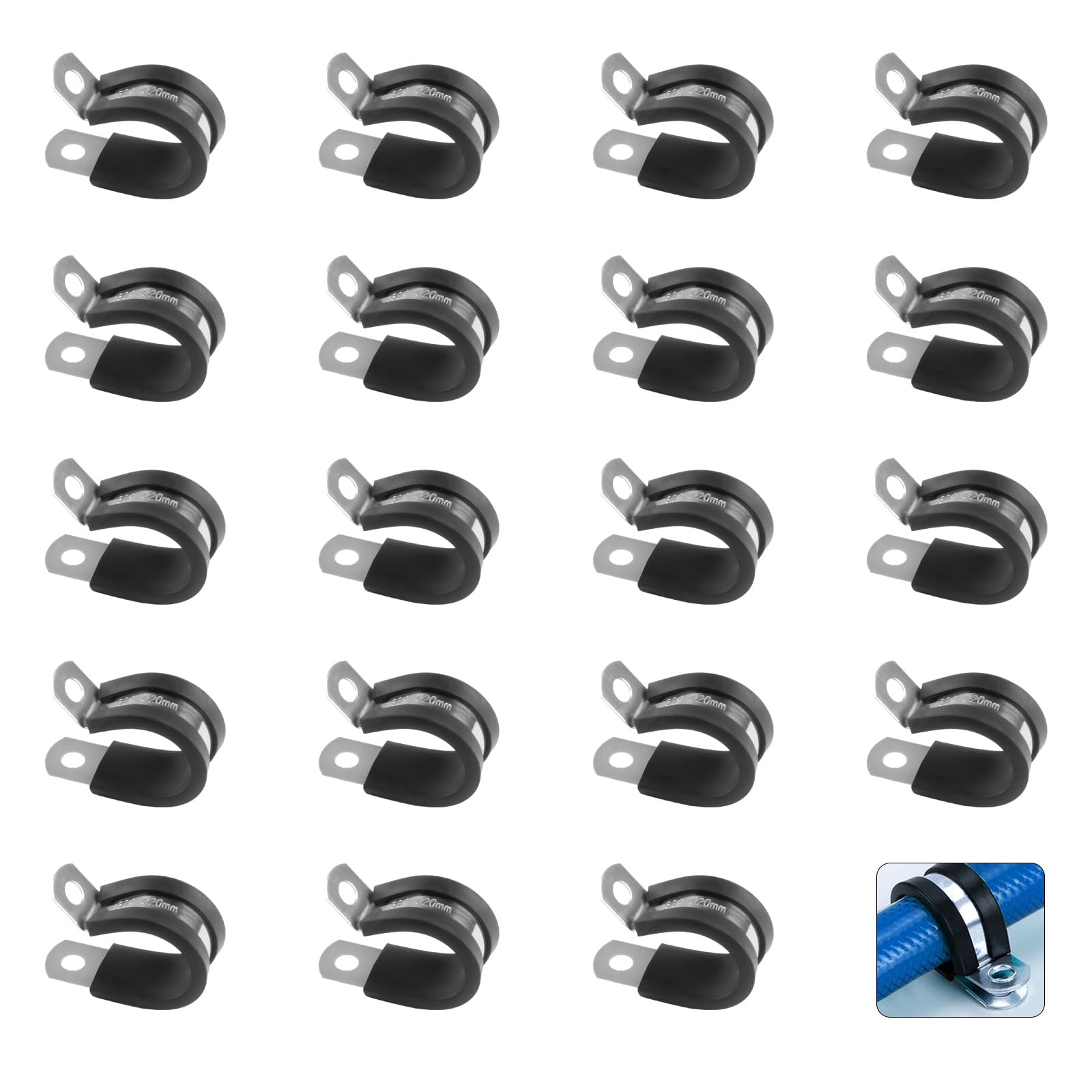 Stainless Steel Rubber Lined P Clips Assorted, 20 Pcs 20mm Hose Pipe Clamps, Hose Conduit Clips, Metal Wire Cable Clamps for Cable, Cord, Wire, Tube - 20mm