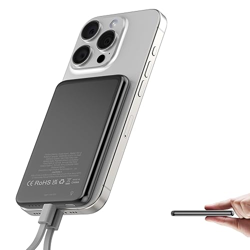 Magnetic Power Bank, Wireless Portable Charger 5000mAh, PD20W Fast Charging Powerbank for Magsafe, Slim USB C In&Out Phone Battery Pack with Lanyard Charging Cable For iPhone 16/15/14/13 Plus Pro Max