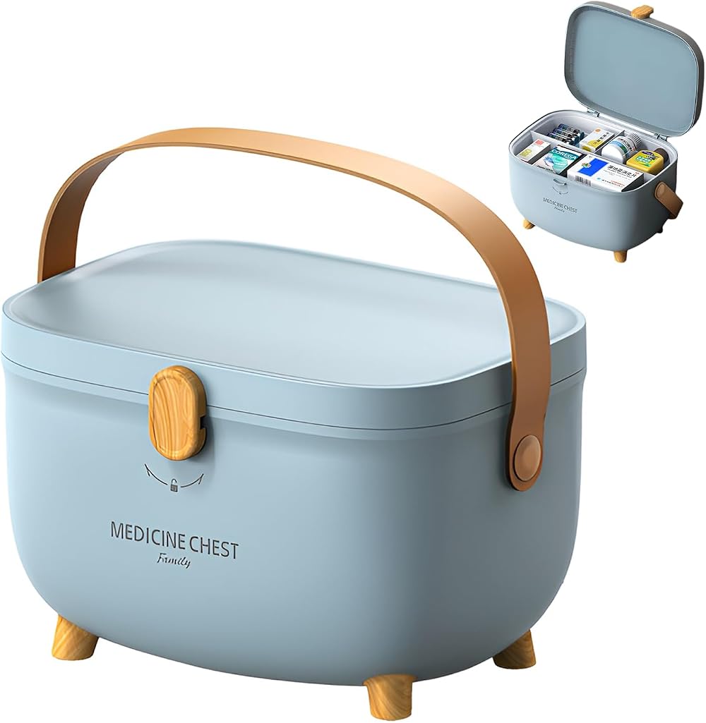 Accmuzzy Medicine Storage Box - Lockable Multi Grid Organizer - Blue