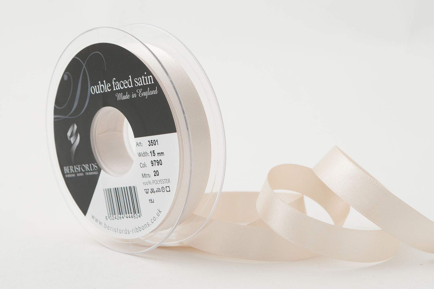 Berisfords Double FACE Poly Satin Ribbon, Pearl, 15 mm