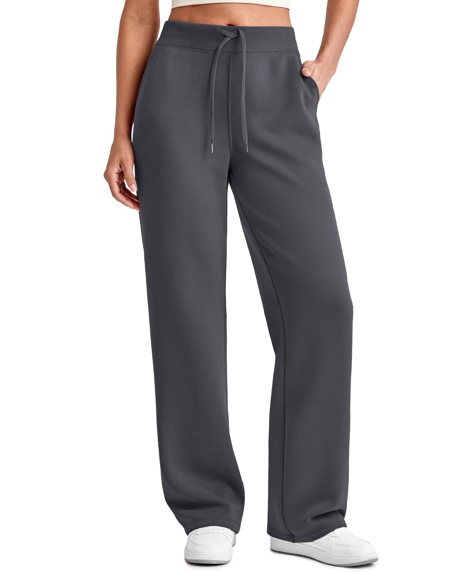 Photo 1 of G4Free Womens Wide Leg Sweatpants with Pockets Modal Loose Casual Travel Pants Drawstring Straight Leg Sweat Pants for Summer(Deep Grey,M,27")