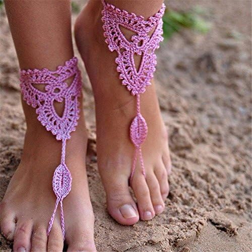 ROOMZOOM 1 Pair Ornate Barefoot Sandals Beach Wedding Bridal Knit Anklet Foot Chain Pink