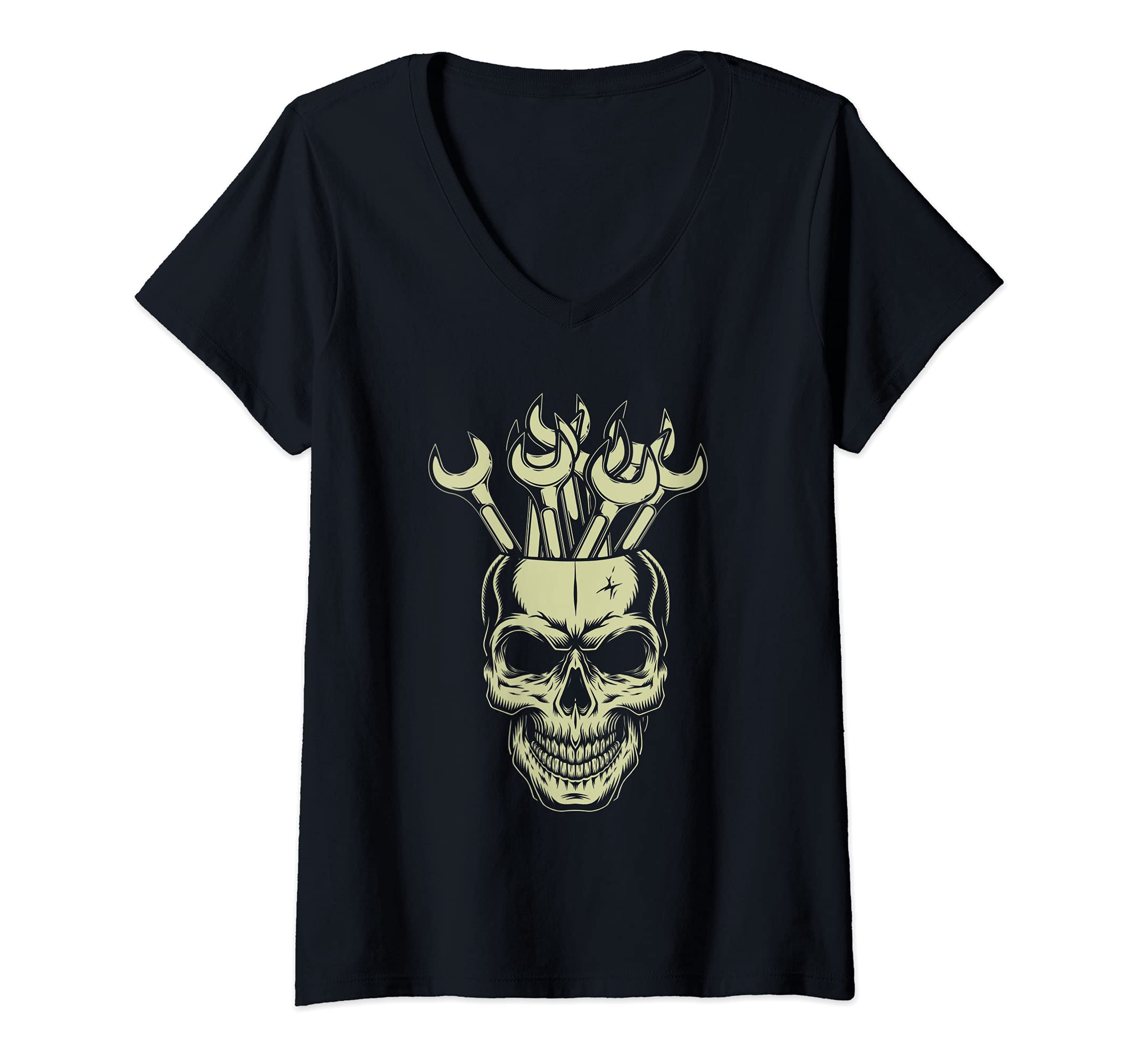 Womens Skull Wrench Mechanic Tools Garage Car Mechanic Auto V-Neck T-Shirt