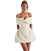 Zeeyecie Jacquard Satin Homecoming Dresses for Teens Short Prom Dress with Bow Off Shoulder Cocktail Party Dresses