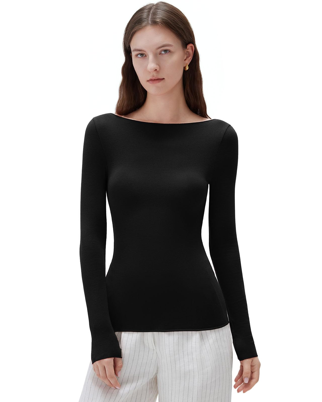 Photo 1 of SUUKSESS Cloud Cashmere Women Boat Neck Fitted Long Sleeve Shirts Basic Knit Going Out Tops (Black, L)