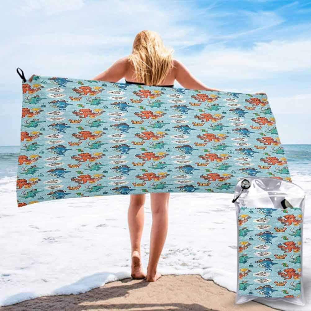 Quick Fast Dry Super Absorbent Lightweight Thin Towel, Pirates Crocodile Octopus Shark Crab Seagulls Parrot Bottle of Rum Cartoon Style 2.6’x 5.25' Microfiber Sports Swim Pool Lightweight Blanket
