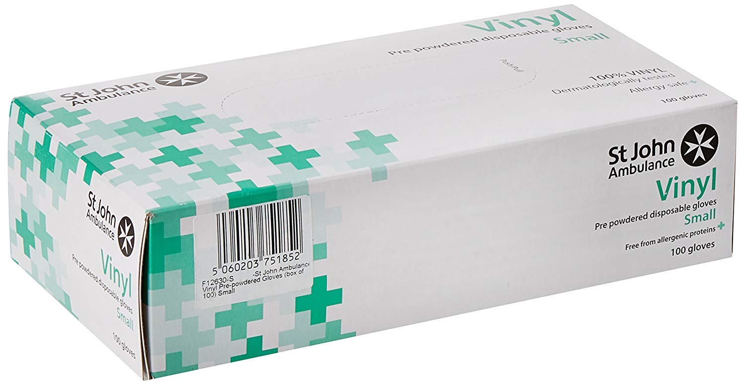 St John Ambulance Vinyl Pre-Powdered Gloves Small (Box of 100)