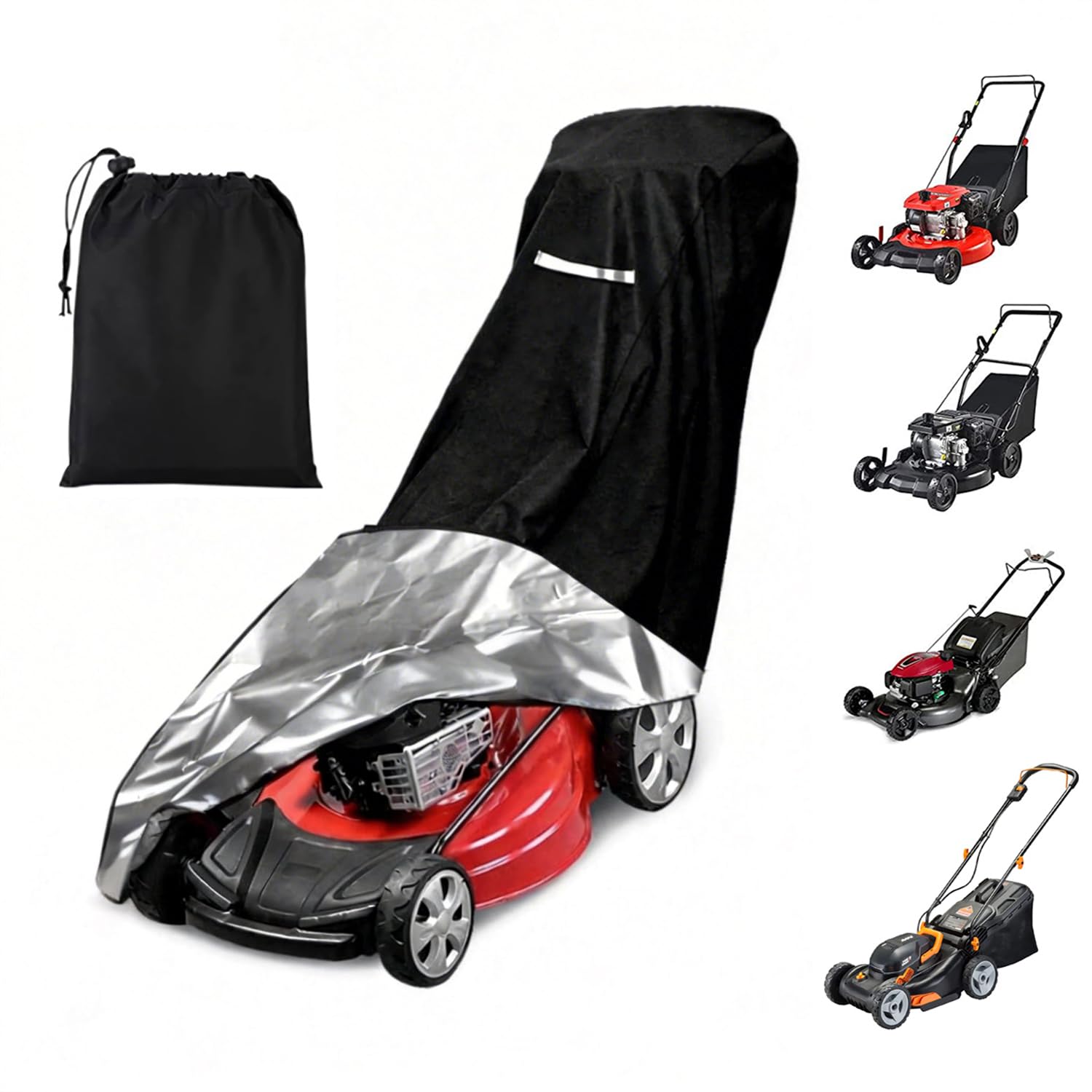 Outdoors Lawn Mower Cover - Heavy Duty 210D Polyester Oxford Waterproof Outdoor, Dust, Dirt, UV Protection Universal Fit Push Mower Cover with Drawstring & Cover Storage Bag, Black