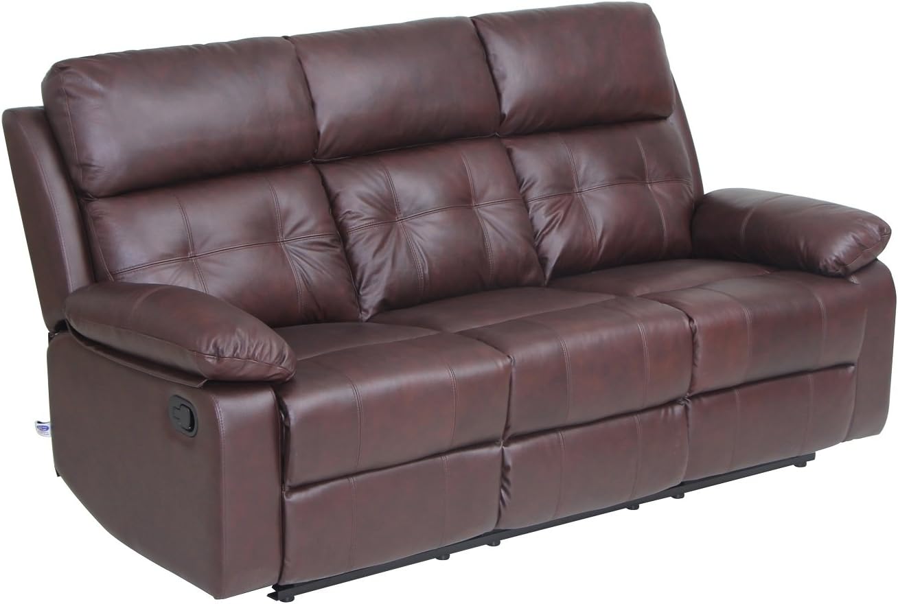 VH FURNITURE Reclining Sofa Set Top Grain Leather 3 seat Sofa with Overstuff Armrest/Headrest, Brown