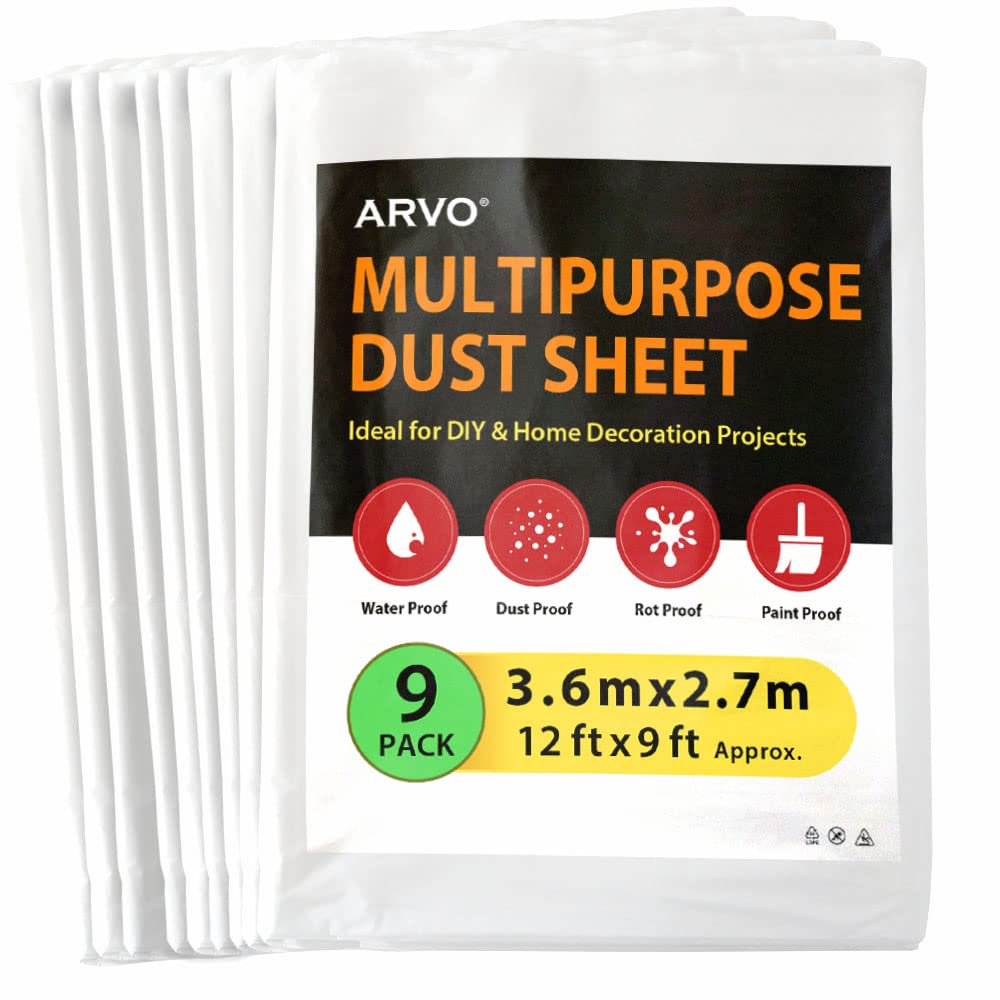 ARVO 9 Pack Extra Large Plastic Dust Sheets for Decorating - 3.6m x 2.75m (12ft x 9ft), Waterproof Polythene for Painting, Furniture, Floor Protection, Ideal with Paint Coveralls