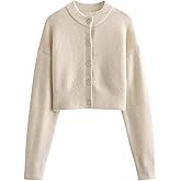 FindThy Women’s Cropped Cardigan Sweater Crewneck Solid Color Long Sleeve Button Down Knitted Outerwear Top