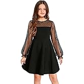 Horcute Long Sleeve Girl's Contrast Mesh Puff High Waist A Line Short Dress