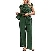 Tankaneo Womens 2 Piece Outfits Pleated Cap Sleeve Babydoll Blouse Wide Leg Pants Cotton Travel Vacation Sets