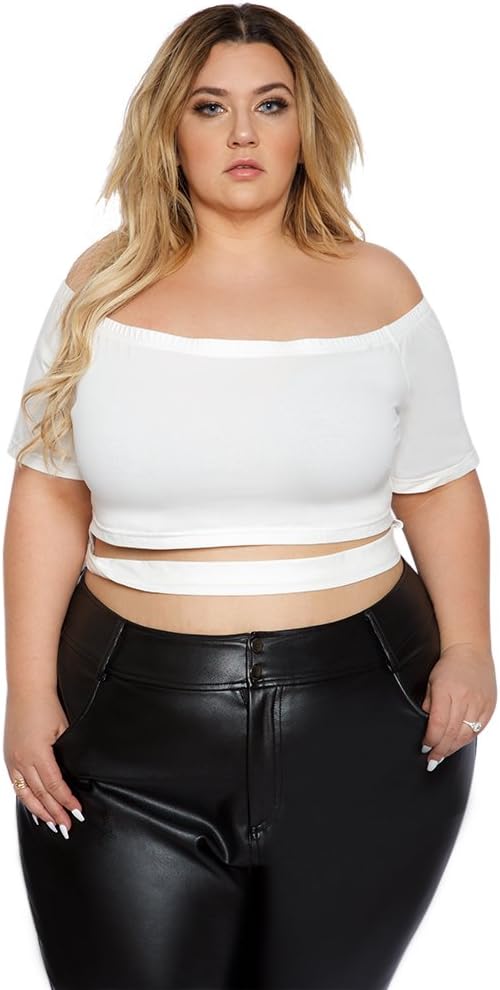 Astra Signature Women's Basic Crop Tank Top Short Sleeve Off Shoulder Blouse Shirt Plus Size