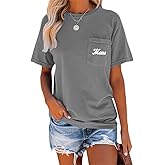 NIUBIA Women's Letter Print Basic Crew Neck Tee Summer Short Sleeve T-Shirt with Pockets Loose Fitting Tops
