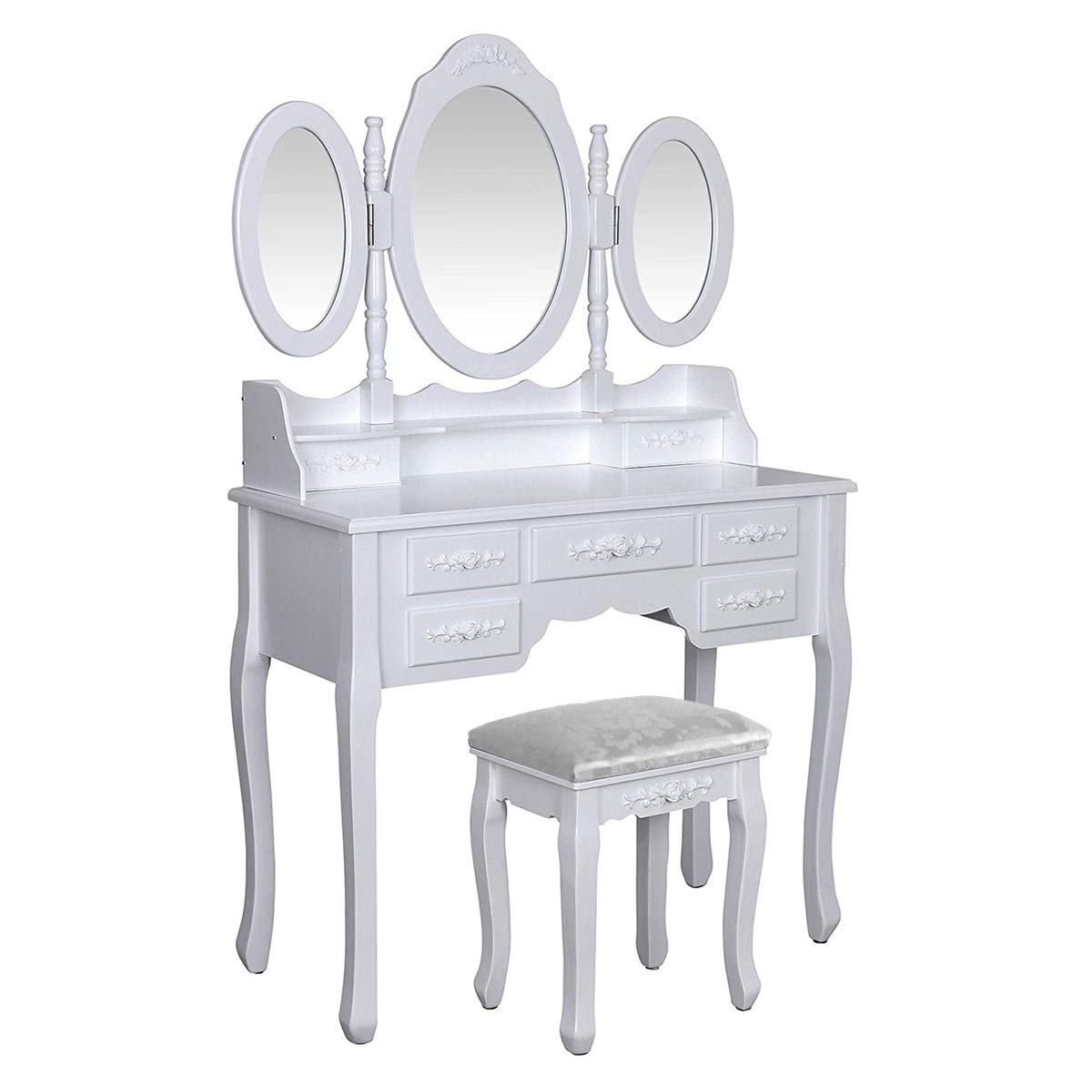 Quieting White Dressing Table Makeup Desk With Stool and Mirror Wooden