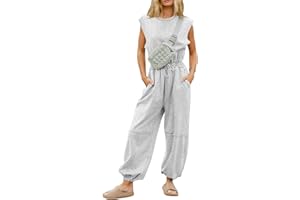 Flygo Womens Casual Jumpsuit Crewneck Cap Sleeve Long Wide Leg Pants One Piece Outfits Drawstring Romper with Pockets