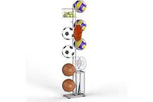 melos 7 Tier Basketball Ball Storage Rack, Freestanding Basketball Holder Garage Ball Storage Sport Organizer Rack with Basket for Volleyball Football Basketball, Indoor/Outdoor