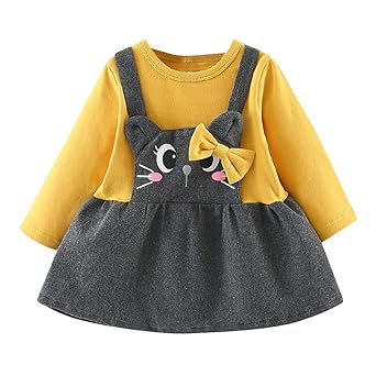 Kobay Babykleid Festlich Kleinkind Kinder Baby Mädchen Langarm Cartoon Cat Print Bow Party Prinzessin Kleid(