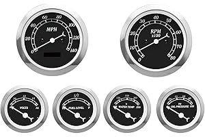 MOTOR METER RACING Classic 6 Gauge Set with ECU Based Electrical Speedometer Digital Odometer Black Dial White Needle Light Bulb Illumination 85mm 3-3/8" & 52mm 2-1/16"