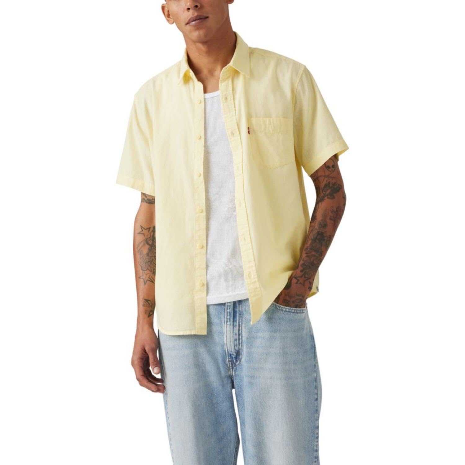 Levi's Men's Classic 1 Pocket Short Sleeve Button Up Shirt (Also Available in Big), Double Cream Cotton Linen Image