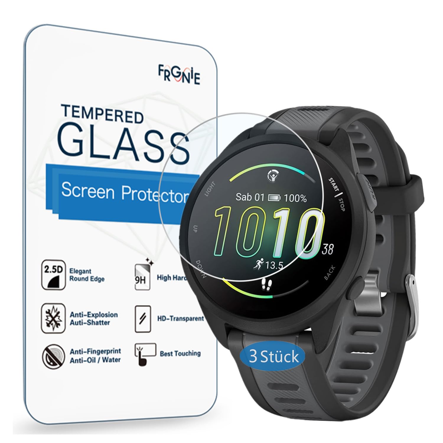 Frgnie Screen Protector Compatible with GARMIN Forerunner 165 (Pack of 3) 9H Tempered Glass Screen Protector, Compatible with Forerunner 165 Music Smartwatch Screen Protector