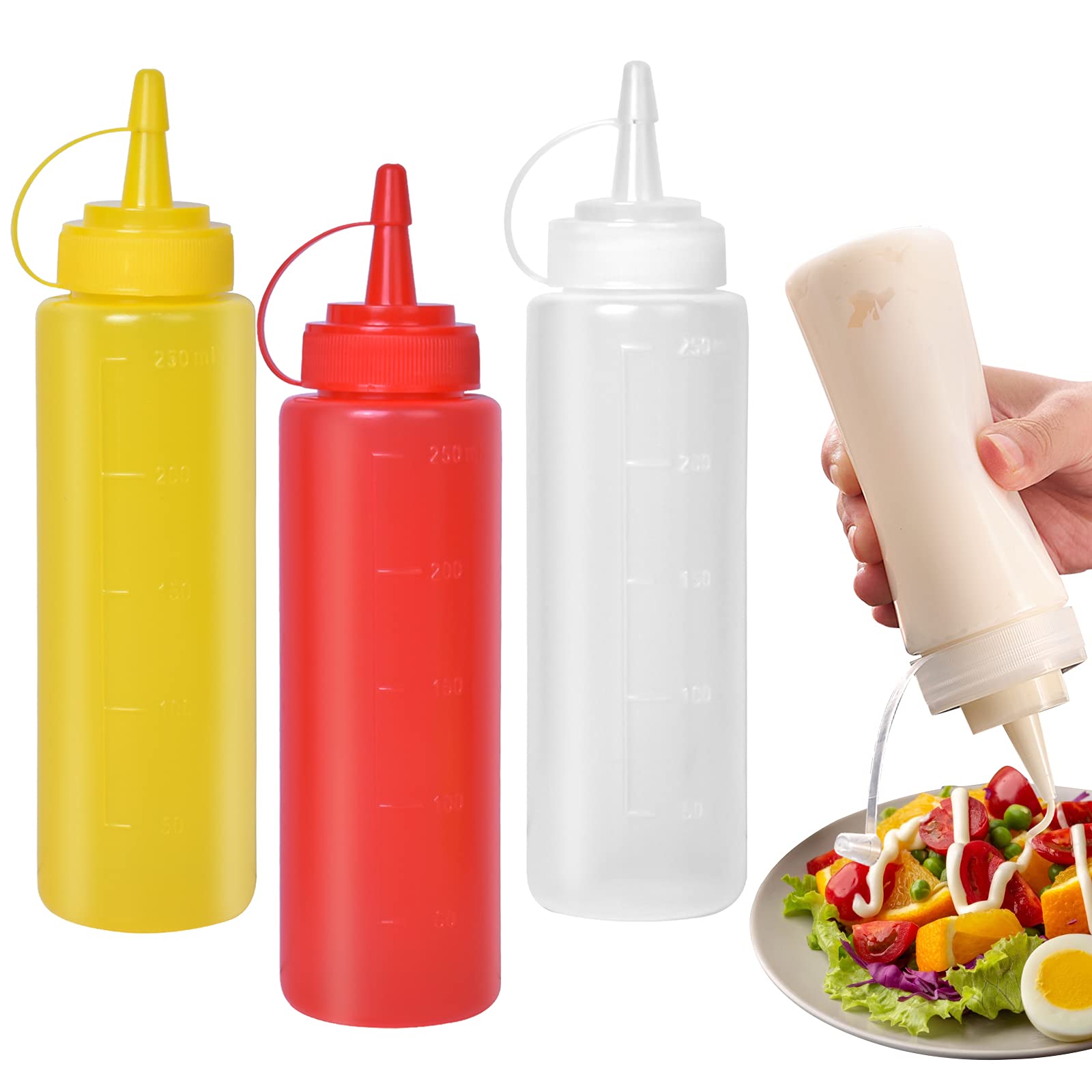3 x Condiment Bottles, Sauce Bottle, 8 oz Squeeze Bottles, Soft Plastic Bottle, for Painting, Baking, Ketchup, Olive Oil 250 ml