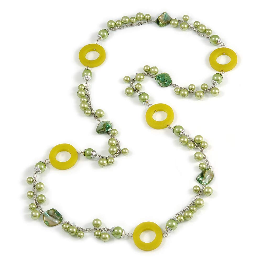 Avalaya Salad Green Pearl, Shell and Resin Ring with Silver Tone Chain Long Necklace/104cm Long