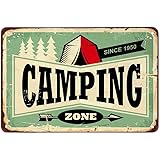 AOYEGO Camping Zone Tin Sign, Vintage Metal Tin Signs for Cafes Bars Pubs Shop Wall Decorative Funny Retro Signs for Men Wome