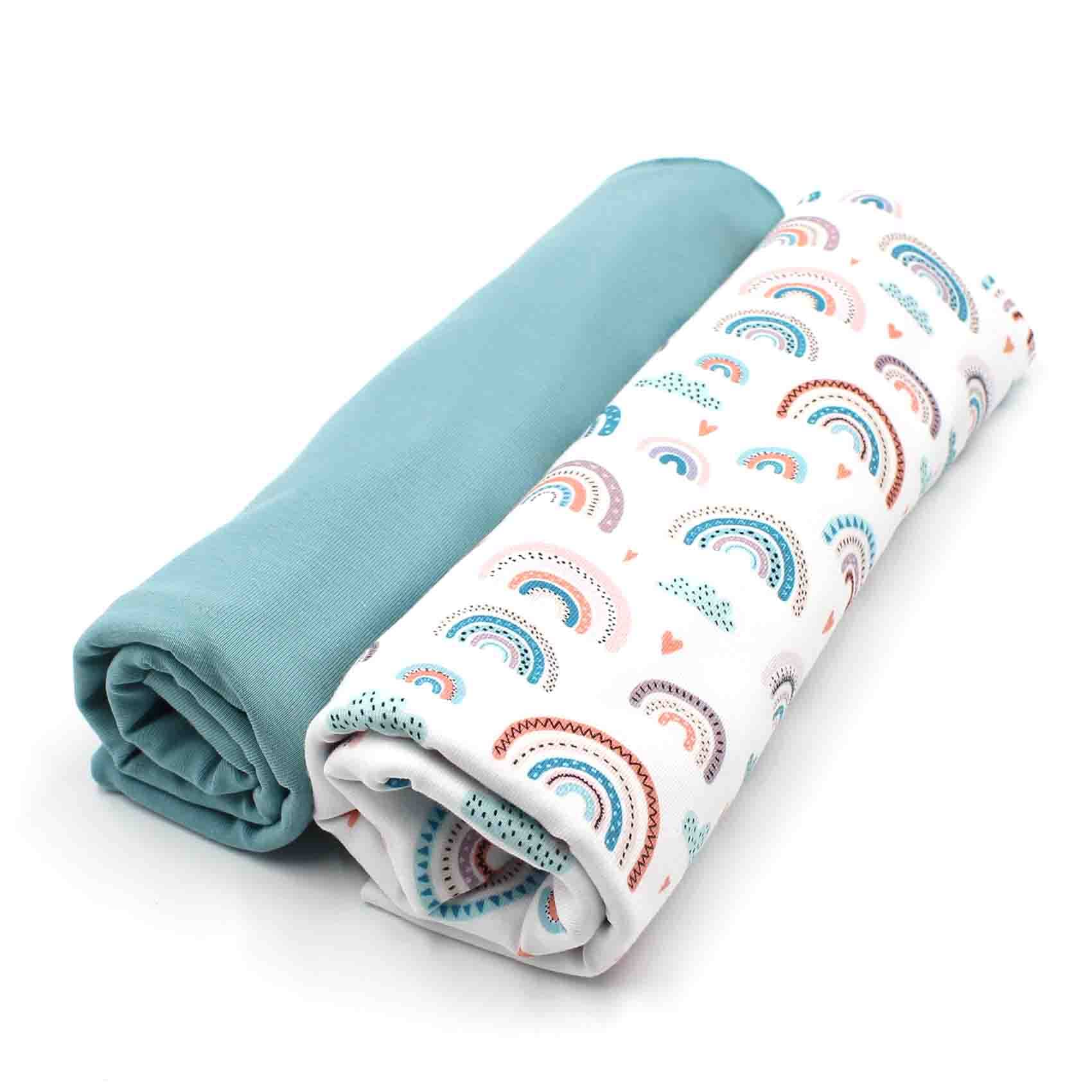 VmG-Store Jersey Fabric Set, Colour-Coordinated Design + Plain Each 0.5 m x 1.5 m, 95% Cotton, 5% Elastane, Tex Standard 100 (Rainbow Pastel White + Dark Aqua Set12)