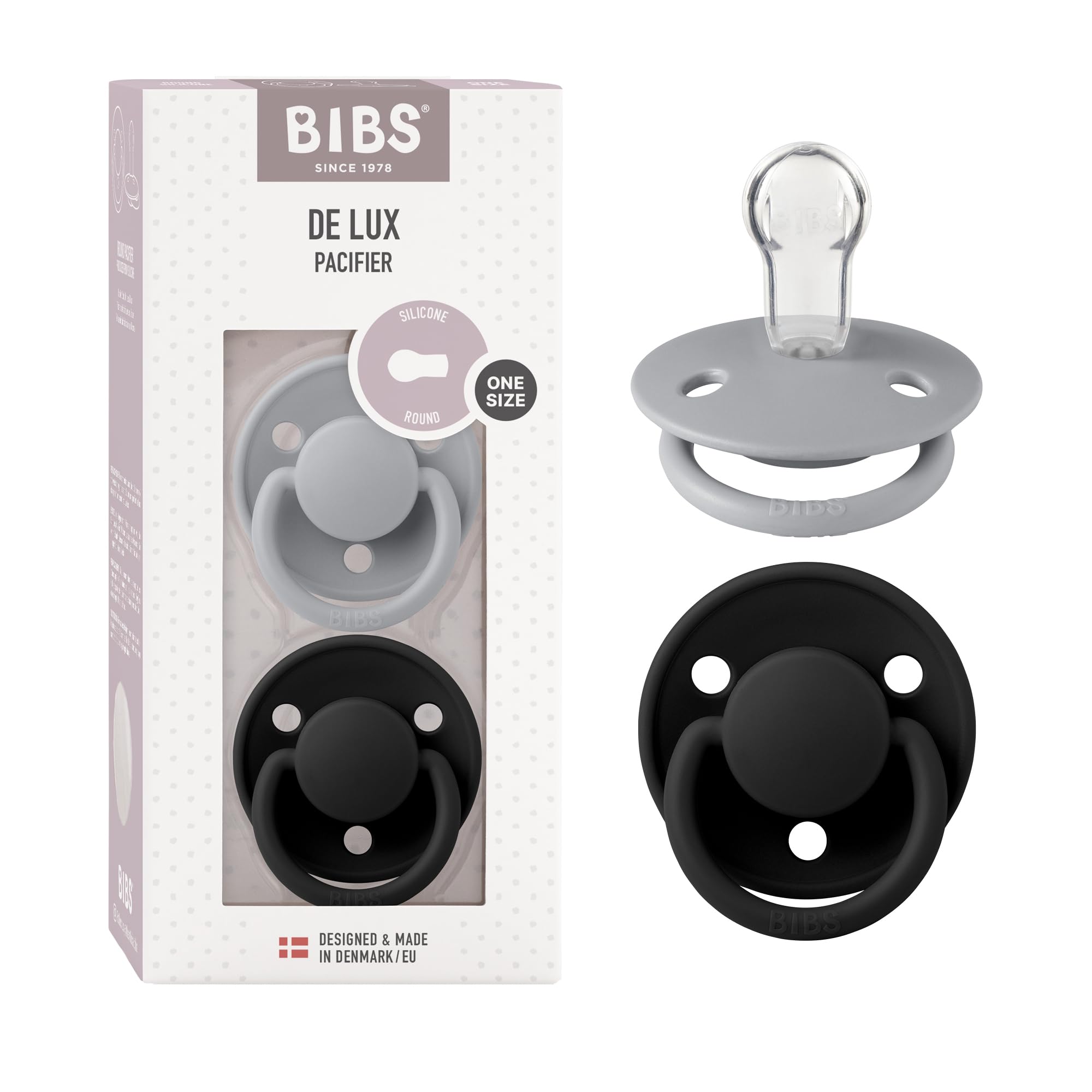 BIBS De Lux Dummies 2-Pack, BPA Free Dummy Pacifier, Round Nipple. Silicone, OneSize (0-36 Months), Cloud/Black