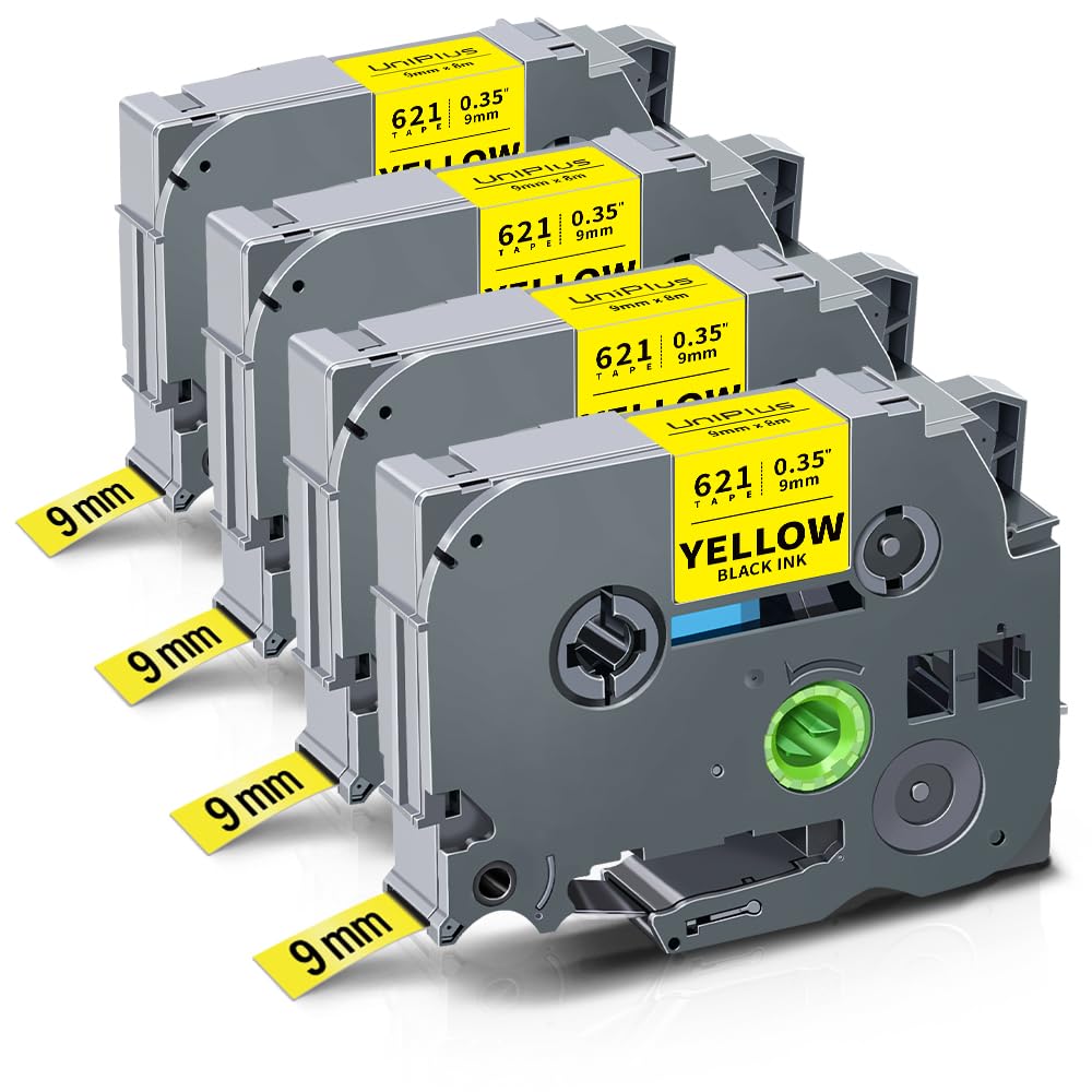 UniPlus Compatible TZe Black on Yellow Label Tape Replacement for Brother Tze Tape 9mm Tze-621 Tze621 Tz-621 Tz621 Work with PT-D210 GL200 PT-H300 1005 H107 1000 PT-1010 PT-1280 PT-E110, 4-Pack