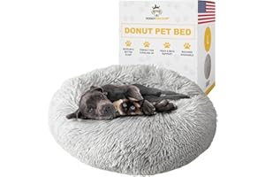 Doggykingdom Calming Round Donut Dog Bed Pillow, Washable, Anti Anxiety, Anti-Slip, Cozy Soft Cuddler Comfort Bed with Fluffy Plush Faux Fur for Large Medium Small Sized Dog - Gray, L 35 inch