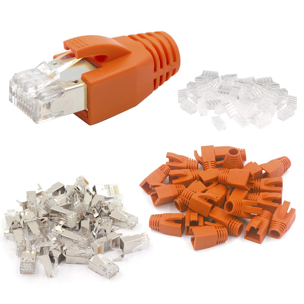VCE 10 Pack CAT7 RJ45 Connector Shielded with Boots CAT6A RJ45 Plug Modular with Load Bar Orange