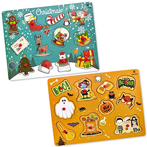 Halloween | Christmas | Wooden Peg Puzzle, Holiday Theme - Pack of 2 Learning Educational Pegged Puzzle Boards for Toddler & Kids (Set of 2) | Great Gift for Kids