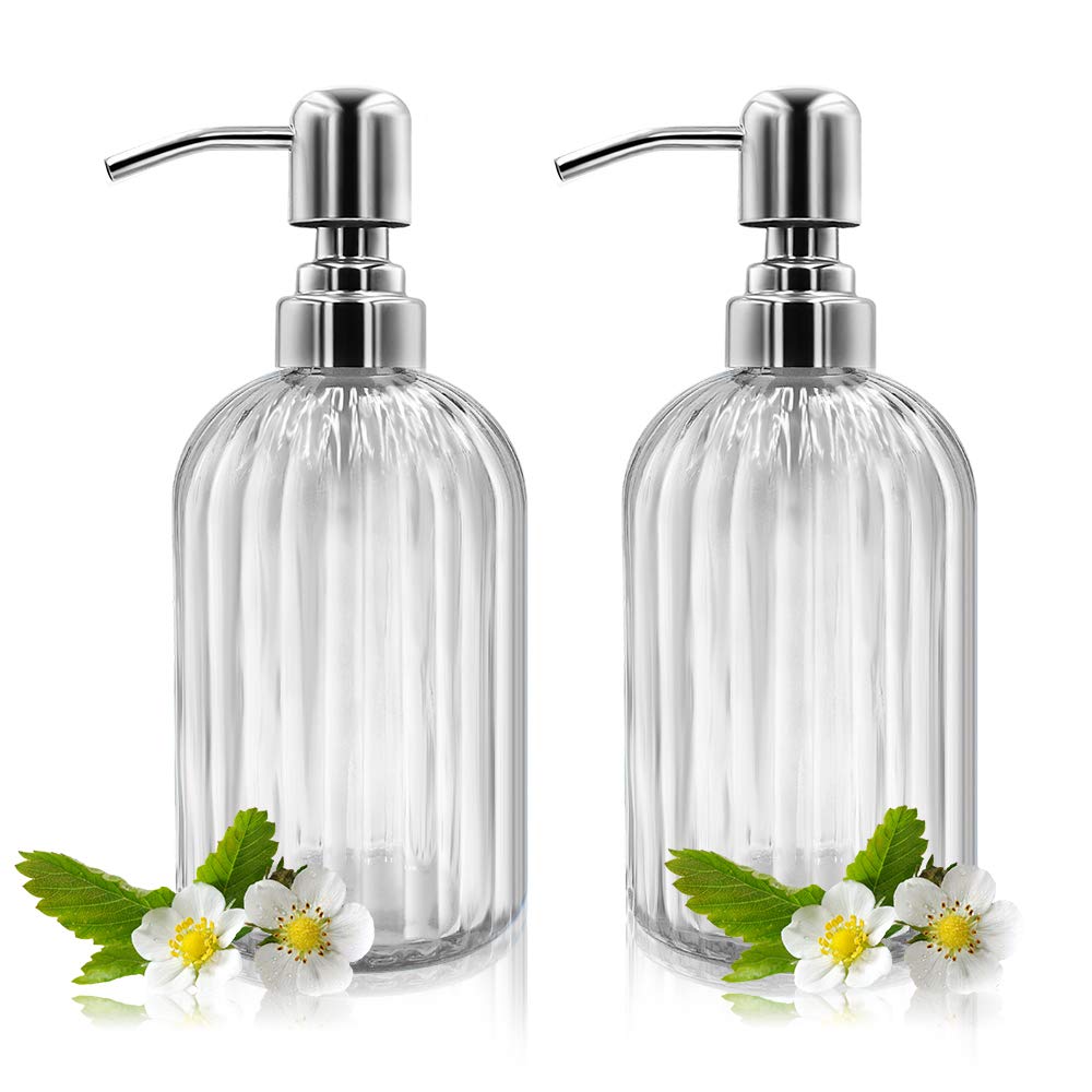 Photo 1 of Soap Dispenser - 2 Pack 14 Oz Glass Soap Dispenser with Rust Proof Stainless Steel Pump, Refillable Liquid Bottle Dispenser, Premium Hand Jar Dispenser for Bathroom, Kitchen, Countertop (Transparent)