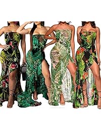 Maxi vestido largo de malla con volantes, sin tirantes, con estampado floral, para mujer