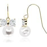 Cute Bow Pearl Drop Dangle Earrings for Women 14K Gold Plated Sterling Silver Crystal Bow with White Round Pearl Hook Earrings Cute Hypoallergenic Jewelry [PER-RB-S]