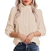 Avanova Women 3/4 Long Sleeve Work Business Top Ruffle Mock Neck Blouse Shirts Solid Beige Small