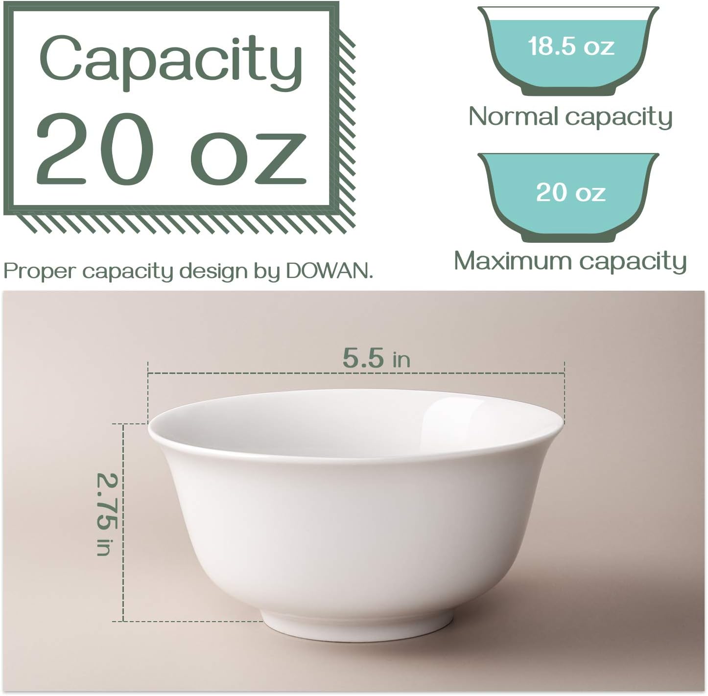 DOWAN Cereal Bowls, 600ml Porcelain Deep Soup Bowls for Pasta Rice Noodles and Large Dessert