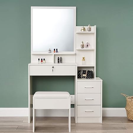 Modern Dressing Table Stool Bedroom Vanity Set Makeup Desk With Mirror 4 Drawers Amazon Co Uk Kitchen Home
