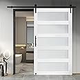 S&Z TOPHAND® 46 in x 80 in Glass Sliding MDF Barn Door with 8FT Sliding Door Hardware Kit, 5 Tempered Frosted Glass, Slab Inside Covered with Water-Proof PVC Surface, Simple DIY Assembly