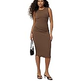 ODODOS Women's Side Shirred Midi Tank Dress Cloud Feeling Crewneck Sleeveless Bodycon Dress