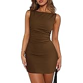 MIYIEONZ Womens Summer Boat Neck Mini Dress Sleeveless Ruched Slim Fit Going Out Cocktail Party Club Bodycon Dresses