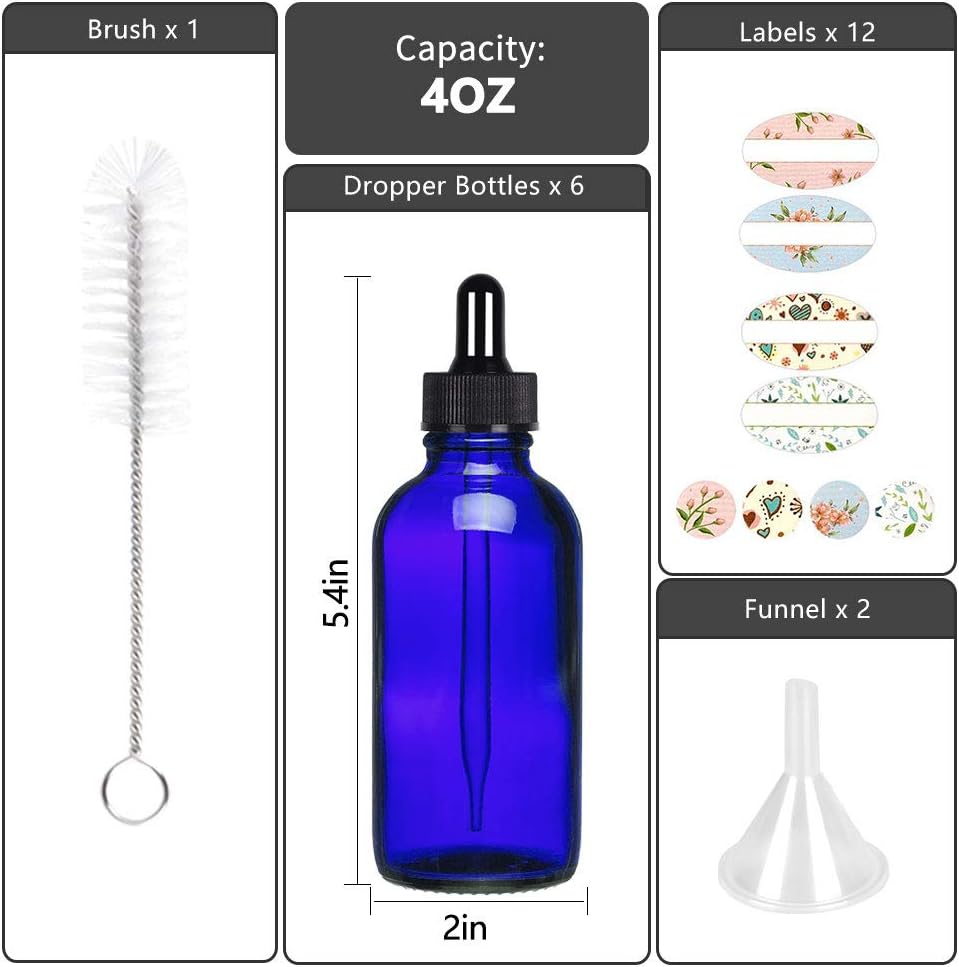 4 oz Glass Bottles with Glass Droppers & Plastic Cap,Brush, Funnels and Labels, Blue Travel Bottles for Essential Oils, Liquids and Chemical Lab. Set of 6 Pack.: Beauty