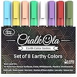 Chalkboard Chalk Markers - Pack of 8 Classic Earth color pens - For Blackboards, Chalkboard, Bistro, Window - Erasable Dry Erase Chalk Ink Pen - 6mm Reversible Bullet & Chisel Tip
